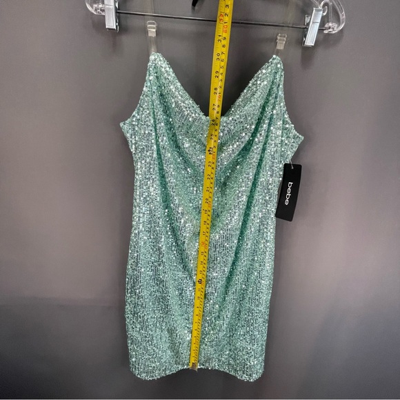 BEBE mint colour sequin slip dress draped midi with clear straps clubbing mini - Picture 11 of 12